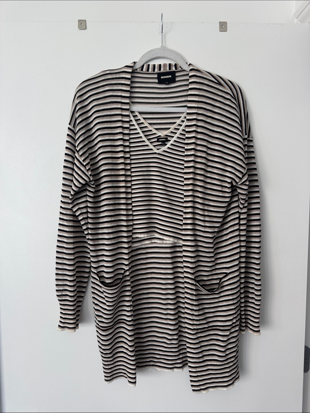 Monrow Black and White Striped Open Cardigan with Tank Shell